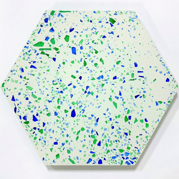  Aqua (mix of bright green & blue) / Hex 20cm x 23cm / Wall tile 13mm (1/2”) – 12 tiles per box (4.44 sq.f.)