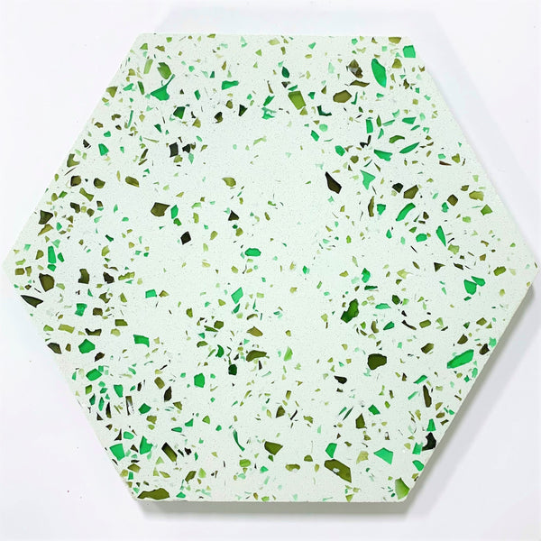  Green (mix of bright & olive green) / Hex 20cm x 23cm / Wall tile 13mm (1/2”) – 12 tiles per box (4.44 sq.f.)